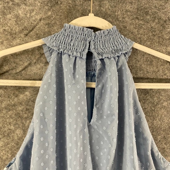 Lulus Mini Dress Large Dusty Blue Halter Ruched Sleeveless Place and Time - Picture 7 of 14